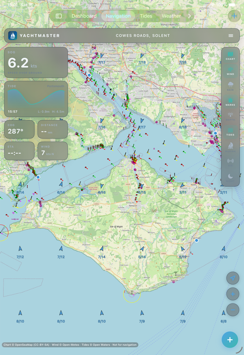 Yarely on iPad: OpenSeaMap chart with seamarks, live wind arrows, tide stations and the layer rail